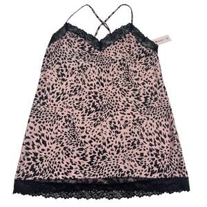 Joyspun Animal Leopard Print Satin Lace Short Nightie Chemise Women's Size L